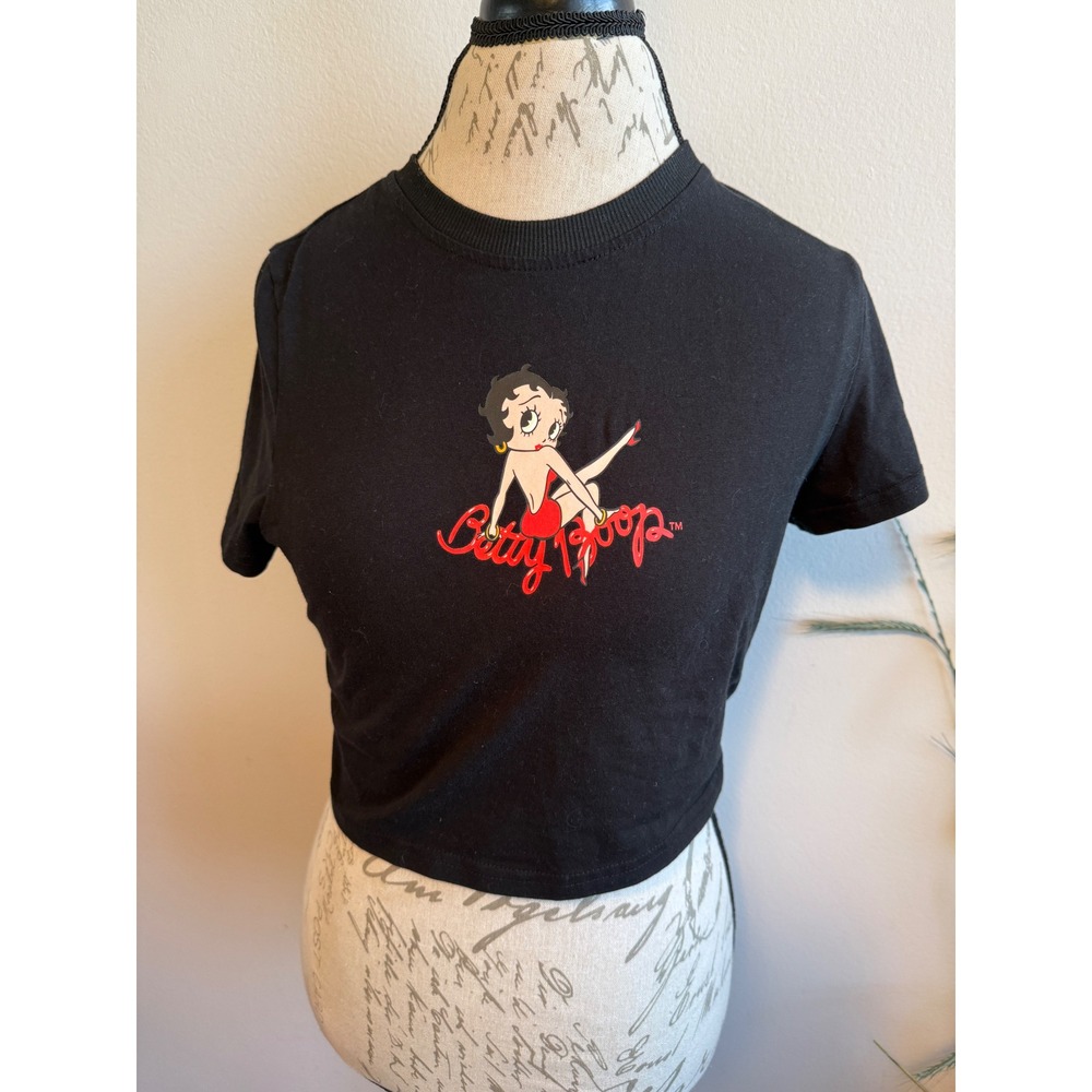 Betty Boop Black Graphic Crop Top Short Sleeve Crew Neck Retro Pinup Tee